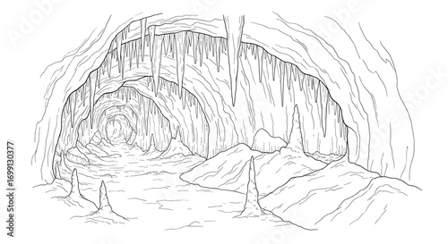 Line Art of a Detailed Cave with Stalactites and Stalagmites