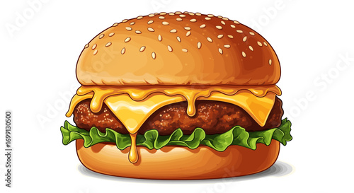 Mouthwatering Burger Illustration with Dripping Cheese and Fresh Lettuce