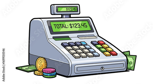 Detailed Cartoon Cash Register Illustrating Financial Transaction Totaling One Hundred Twenty-Three