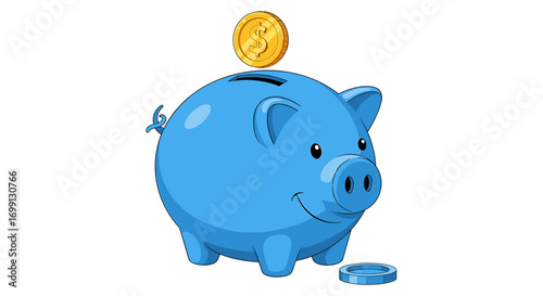 Cheerful Blue Piggy Bank with a Golden Dollar Coin