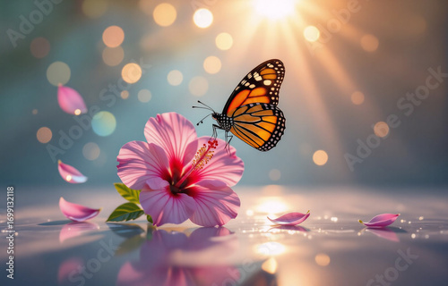 Wallpaper Mural A monarch butterfly rests on a vibrant pink hibiscus flower.  Sunlight streams through the background, creating a dreamy, ethereal atmosphere.  Falling petals add to the serene beauty. Torontodigital.ca