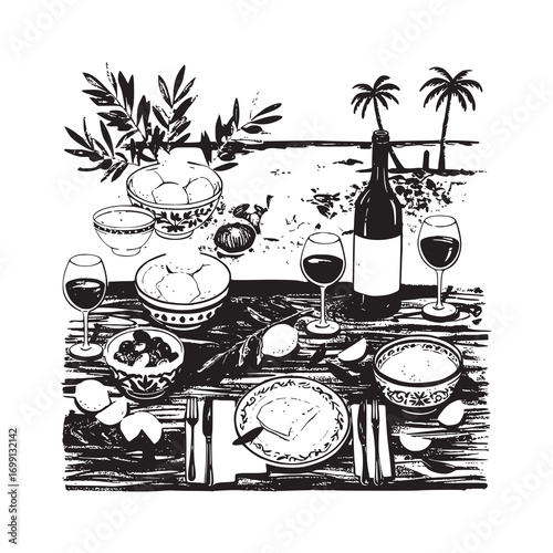 Elegant Monochrome Seaside Dinner Setting with Wine and Mediterranean Delights