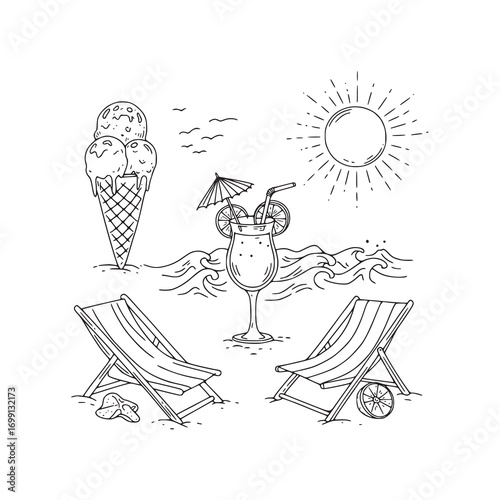 Hand Drawn Line Art Collection of Summer Beach Vacation Essentials