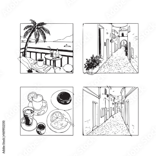 Hand-drawn Collection of Travel Scenes: Coastal Retreats, Quaint European Alleys, and Cafe Delights