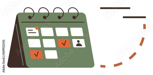 Desk calendar with spiral binding, marked dates, orange checkmarks, user icon, and a dashed arrow. Ideal for planning, organization, scheduling, productivity deadlines appointments and management