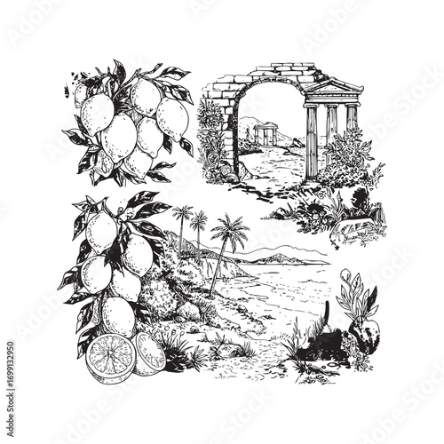 Wallpaper Mural Hand-Drawn Mediterranean-Inspired Sketches: Lemons, Ancient Ruins, and Coastal Landscape Torontodigital.ca