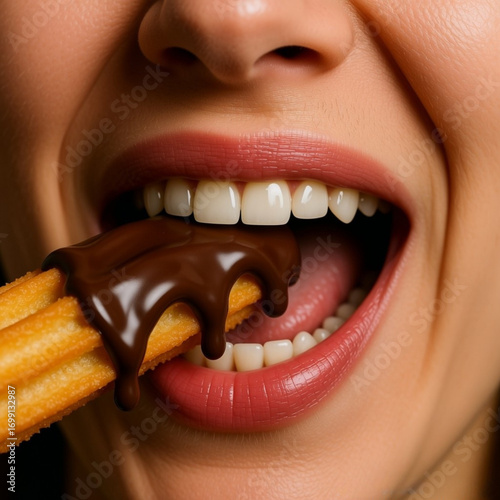 Primer plano boca de mujer comiendo churros con chocolate