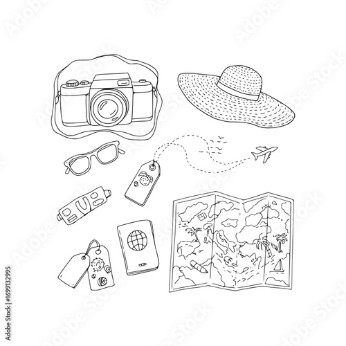 Hand-Drawn Travel Essentials Collection for Global Adventure and Vacation Planning