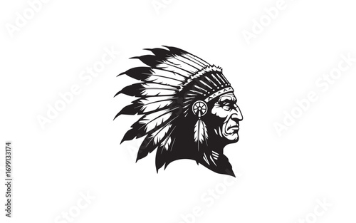 Majestic Indigenous Chief Profile with Detailed Feathered War Bonnet Illustration