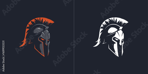 Modern Stylized Spartan Warrior Helmet Logo Design in Dynamic Color and White Silhouette