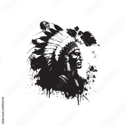 Powerful Black and White Ink Splatter Native American Chief Profile