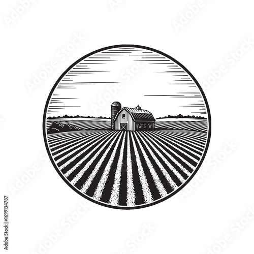 Vintage Engraving of Rural Farmland with Barn and Crops in Circle