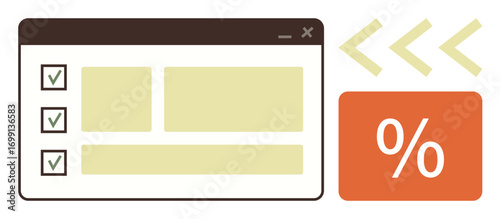 Checkbox list inside a browser window for tracking tasks or decisions paired with an orange percentage tile and directional chevrons. Ideal for productivity, finances, workflow, organization