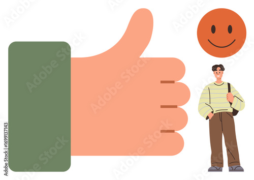 Large thumbs-up gesture, smiling face icon, casually dressed person with a bag. Ideal for positivity, approval, success, confidence, well-being relationships and motivation themes. Simple flat