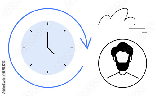 Clock with arrow indicating time flow, minimalist person icon, and cloud element. Ideal for time management, productivity, scheduling, workflow, goal setting, planning simple landing page