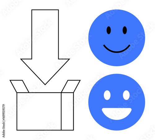 Blue happy faces beside open box and downward arrow symbolizing customer satisfaction, delivery, and feedback. Ideal for customer service, logistics, e-commerce, positivity, teamwork, product