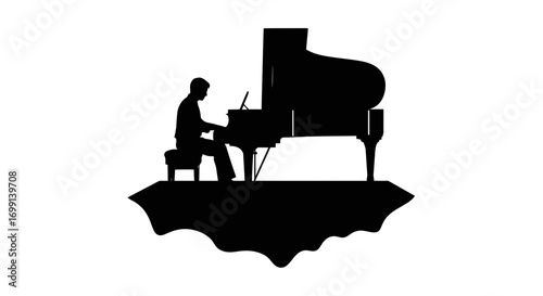 Silhouette of a man playing a grand piano on a floating island