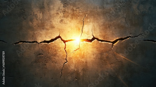 A crack in a wall with a sun shining through it