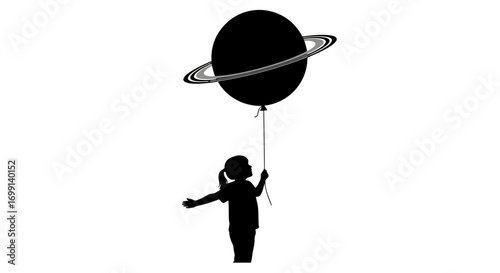 Child holding a saturn balloon reaching for the stars