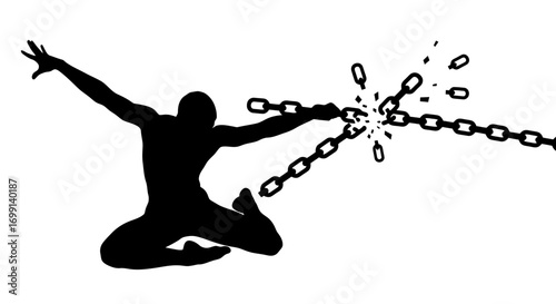 Silhouette of a person breaking chains with strength and freedom