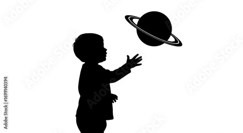 Child reaching for saturn silhouette against white background