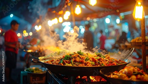 Asian Street Food Cooking at Night Market.
