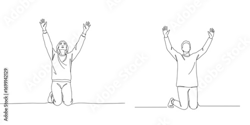 Person kneeling with hands up, hand-drawn line sketch illustration on transparent background, surrender or worship concept, spiritual or emotional pose icon