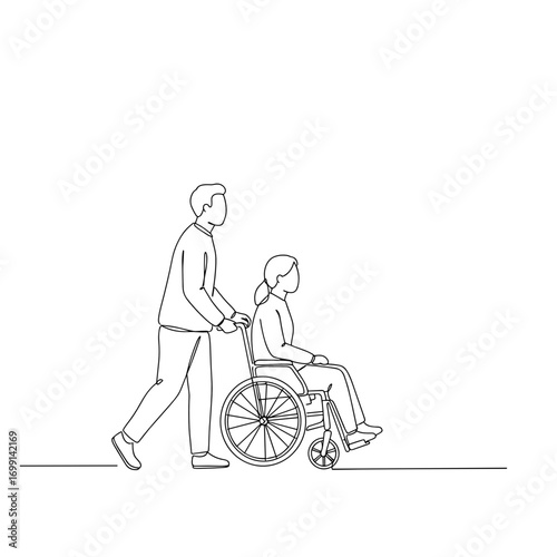 Person pushing wheelchair, minimal hand-drawn line illustration on transparent background, healthcare and assistance concept, support and mobility icon