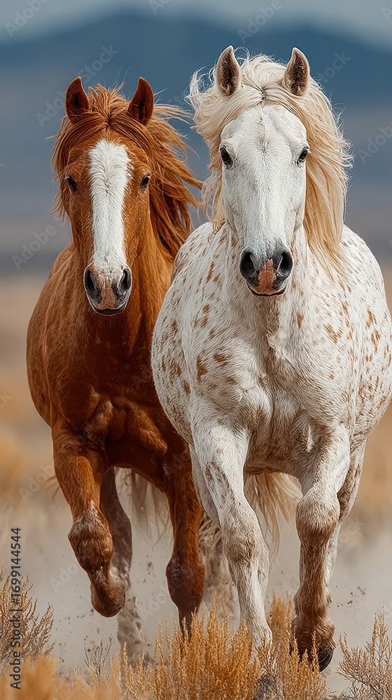 Obraz premium Horses running in a desert landscape under a clear sky during the golden hour with mountains in the background
