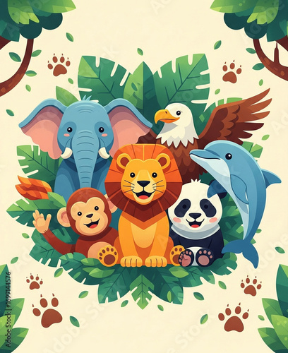 A cute group of wild animals gathered together in a lush tropical jungle.