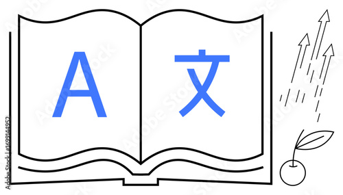 Open book with A and Asian character, growing plant, and upward arrows. Ideal for language learning, education, global communication, knowledge growth, translation progress literacy. Simple flat