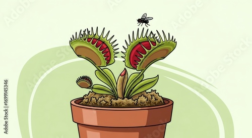 Venus flytrap plant catching fly. Natural pest control concept. Biological insect trap to protect home and garden from pests.