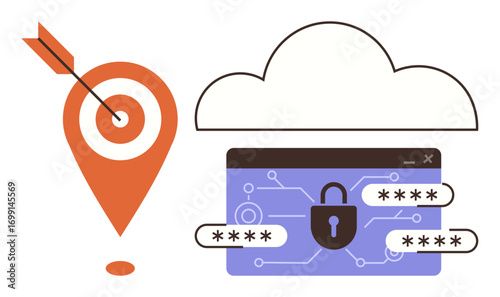 Target pin with arrow, cloud icon, padlocked browser with passwords. Ideal for cybersecurity, data privacy, encryption, precise targeting, secure cloud storage, internet safety digital security