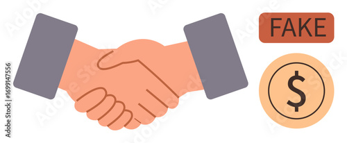 Handshake between hands in suits, fake label, and dollar sign emphasizing fraud, corruption, or deception. Ideal for business ethics, false agreements, scams, deceit caution mistrust simple flat