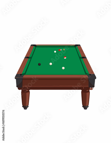 A green billiard table with balls for a game of billiards on a white background for biliard games