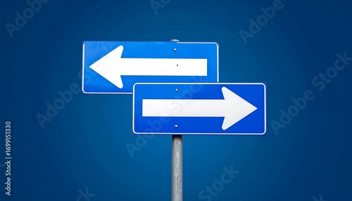 Two directional signs, one pointing left and the other right, against a deep blue backdrop, present a choice concept.