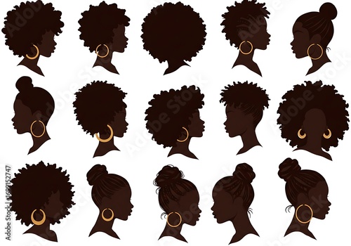 Silhouettes of african american women with different hairstyles and earrings