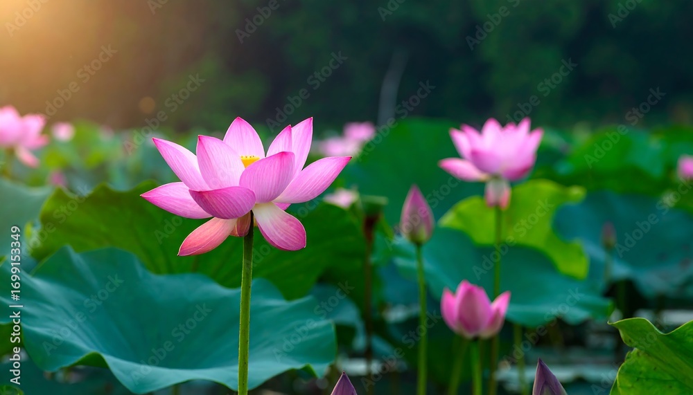 Fototapeta premium Pink lotus flowers in a sunlit pond