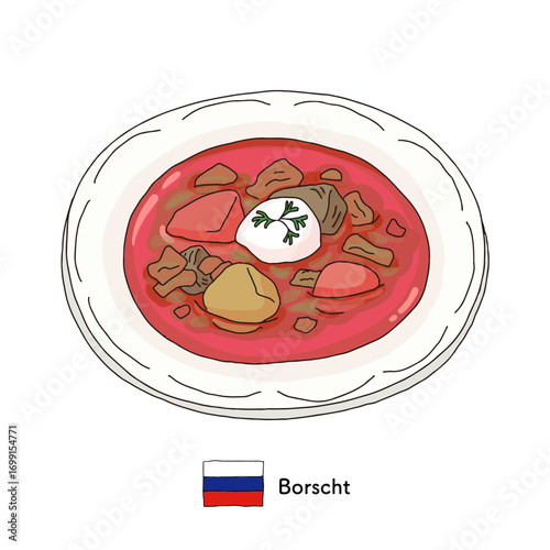 ロシア料理　ボルシチの線画イラスト
