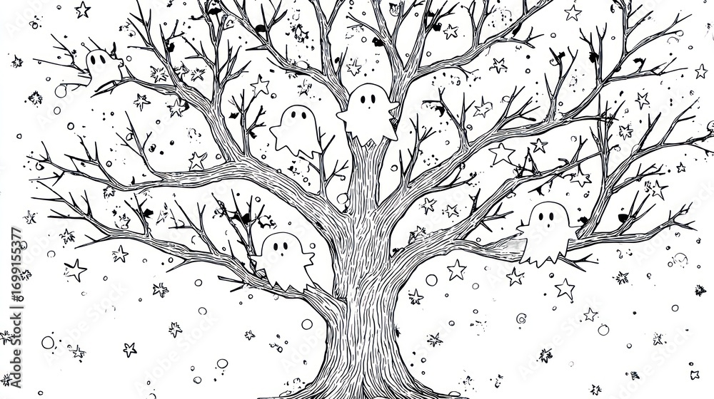 Fototapeta premium Whimsical drawing of a tree with ghosts and stars, perfect for coloring