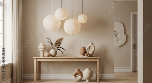 A modern, neutral-toned interior hallway with a light wood console table displaying various ceramic vases and sculptural objects, illuminated by contemporary pendant lighting.