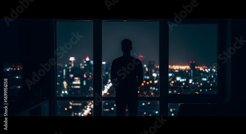 A lonely man contemplates the vibrant city lights from his high-rise apartment window