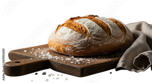 Artisan sourdough bread loaf on wooden cutting board with coarse salt isolated on transparent background
