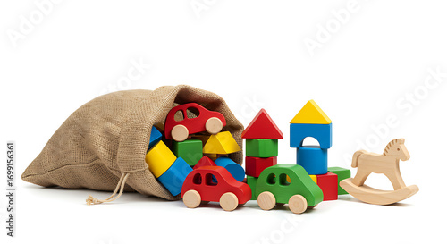 Wooden toy cars blocks and a rocking horse spilling from a burlap sack.