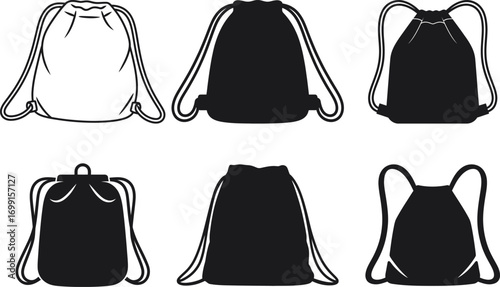 Collection of six different drawstring backpack silhouettes and outlines