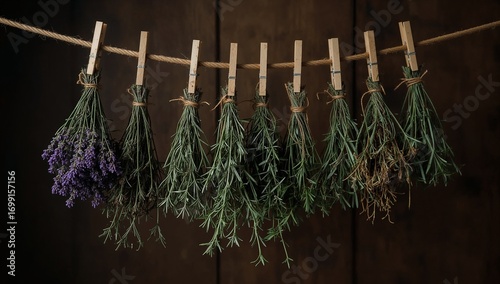 Rustic herbal still life with bundles of dried herbs hanging on rope