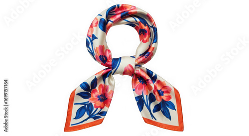 A beautiful floral patterned silk scarf tied in a knot, isolated on transparent background