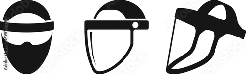 Three simple black and white illustrations of protective face shields