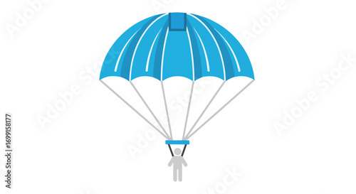Isolated skydiving icon illustration featuring a person descending using a blue parachute for recreational activity