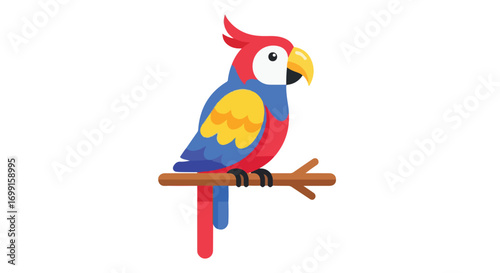 Vibrant macaw illustration perched upon a tree branch with a colorful design emphasizing simplicity and modern design aspects